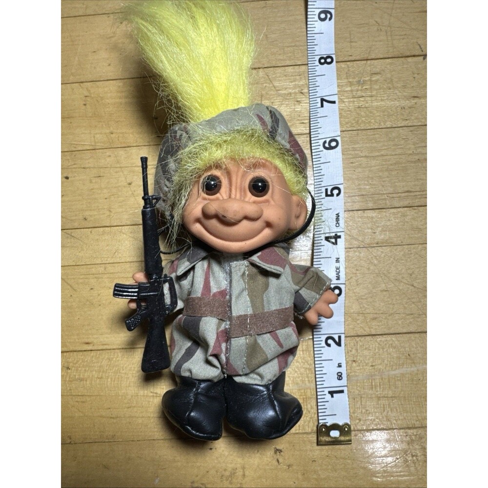 Vintage 5” Russ Troll Doll Military Camo Gun Rifle Yellow Hair Brown Eyes 1990s